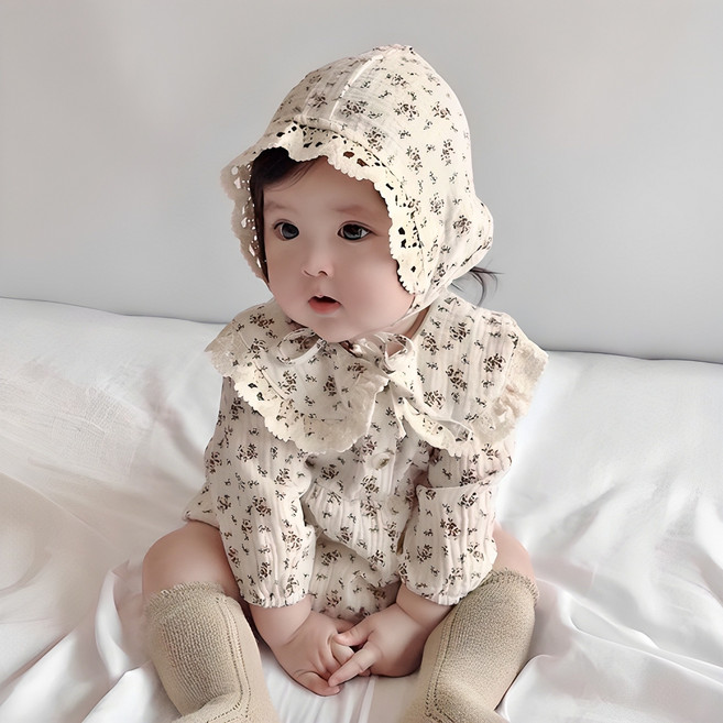 당일발송 아기 신생아 여아 레이스 카라 잔꽃 바디슈트 보넷 모자 세트 외출복