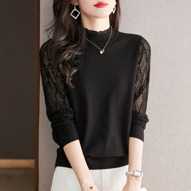 SAHINER 여성 봄 레이스 긴팔 티셔츠 사무실 캐주얼 상의 BTX44