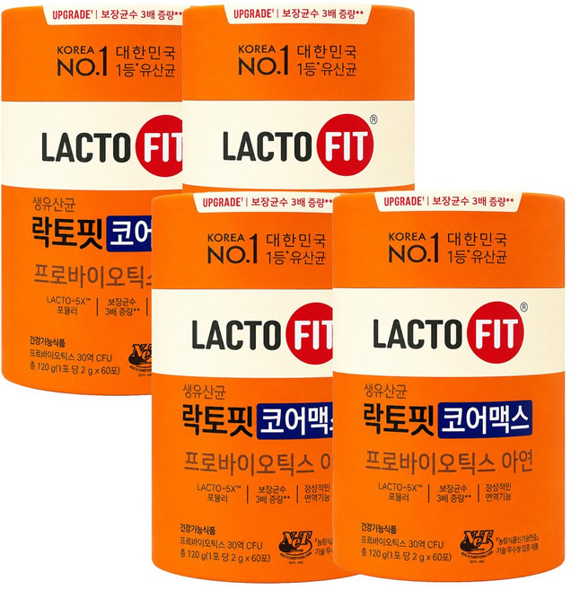 보장균수 3배증량 생유산균 락토핏 코어맥스 프로바이오틱스 아연, 120g, 4개