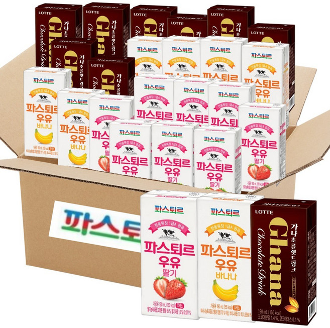 파스퇴르 전용목장 멸균우유 190ml 혼합3종 총24입( 딸기우유 8입+바나나우유 8입+가나초코 8입), 24개