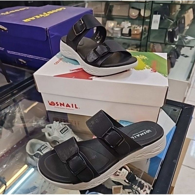 LOSNAIL 女款黑色休閒拖鞋 輕量高彈力厚底 舒適緩震耐磨