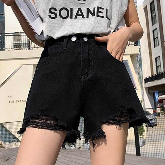 cammello 여성 투버튼 하이웨스트 데님 반바지 숏 팬츠 데미지 컷팅