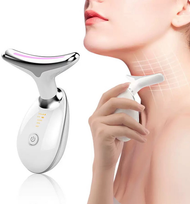 頸部美容儀 EMS微電流 聲波導入 溫熱療法 LED彩光 導入儀, 1個, 白色（七色光）