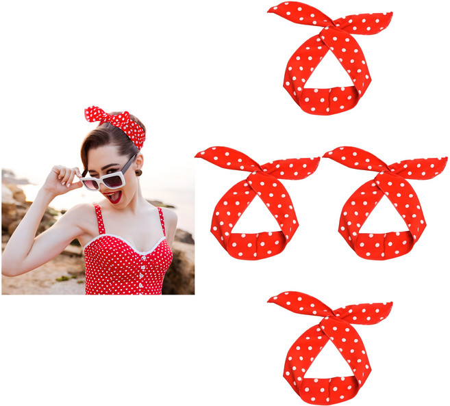 복고 도트 철사 스카프 헤어 밴드 4개, 레드
