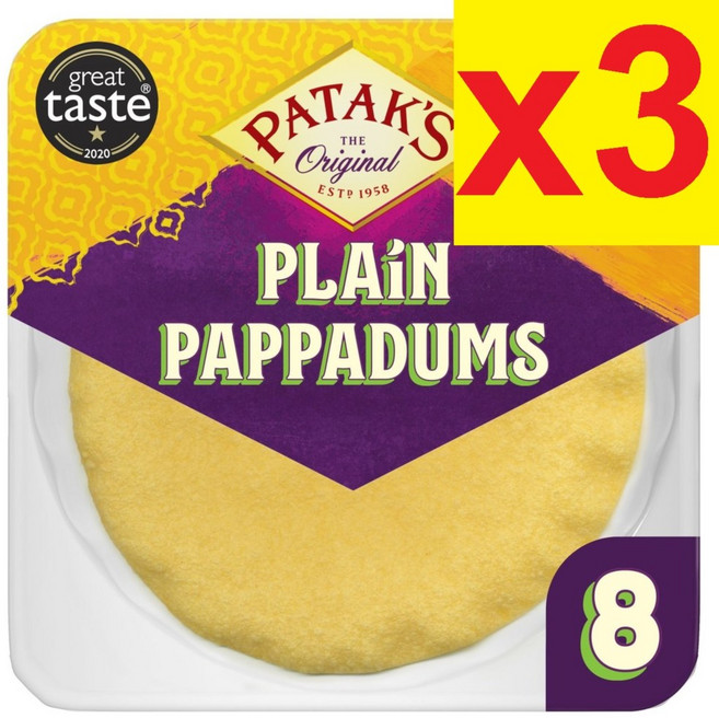 8개입 3개 파탁스 플레인 파파덤 파파담 파파드 파파르 팜파드 Pataks Plain Pappadums, 64g