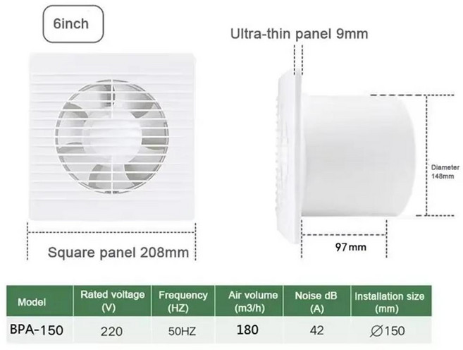 자동 배기 팬 환기 통풍구 범위 후드 추출기 인공 호흡기 욕실 주방 화장실, 6 inches, 1개