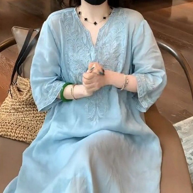 예쁜 플라워 자수 브이넥 5부 소매 면 마 린넨 원피스 중년여성 여름 시원한 미디 롱 스커츠 홈웨어