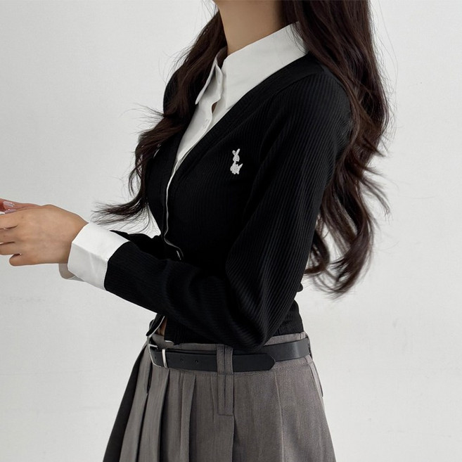 어나더뷰 2149 [셔츠+가디건SET] 케이 셔츠 레이어드 가디건 일체형 페이크셔츠 니트 골지 자수 스쿨룩 하이틴룩 올드머니룩 긱시크룩