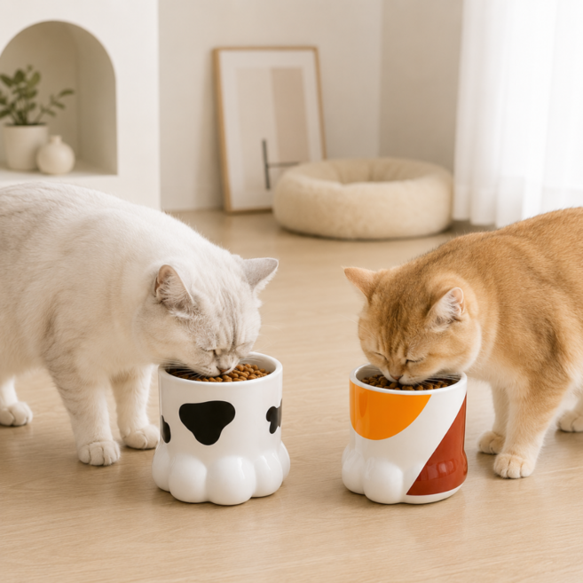 차즈마켓 강아지 식기 세라믹 높이조절 고양이 밥그릇, 오렌지 고양이 무늬 사선, 1개