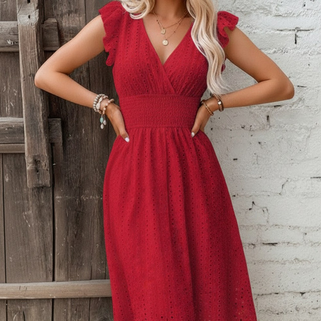 UPPERCUT 여성 로맨틱 프릴 소매 아일렛 자수 펀칭 원피스 휴양지룩 데이트룩