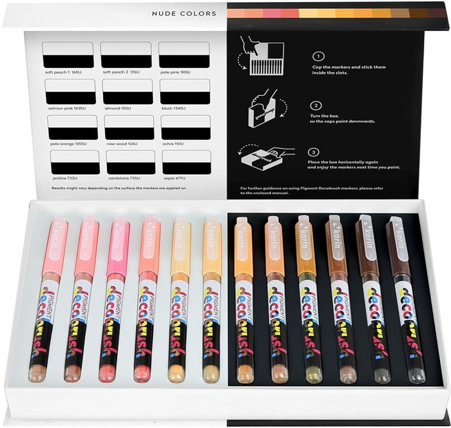 Karin 안료 Decobrush 아크릴 페인트 마커 12가지 누드 색상 컬렉션 브러시 팁 아크릴 마커 세트 불투명 내광성 및 방수 페인트 펜 목재 원단 캔버스