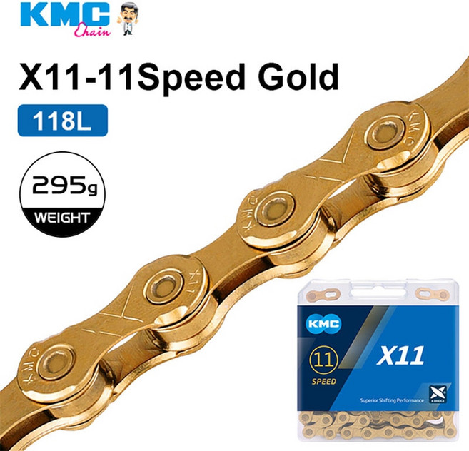 KMC MTB 체인 11단 도로 자전거 체인 118 링크 X11 X11EL X11SL 산악 자전거 현재 e11 eBike 체인 for Shimano M5100, X11 골드, 1개