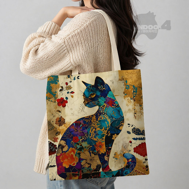 MANDOO4 오리엔탈 느낌의 고양이 프린팅 린넨 에코백
