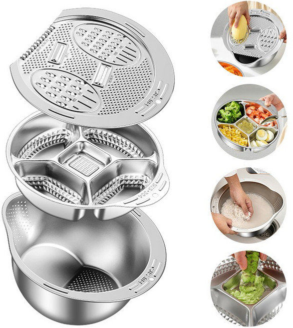 콜콜러브 다기능 야채 채썰기 304 스텐 강판기 쌀 세척볼 마늘 으깨기 도구 만능채칼 3 in 1 대용량 과일 야채탈수기 주방용 슬라이서 감자 채칼, 1세트, 실버