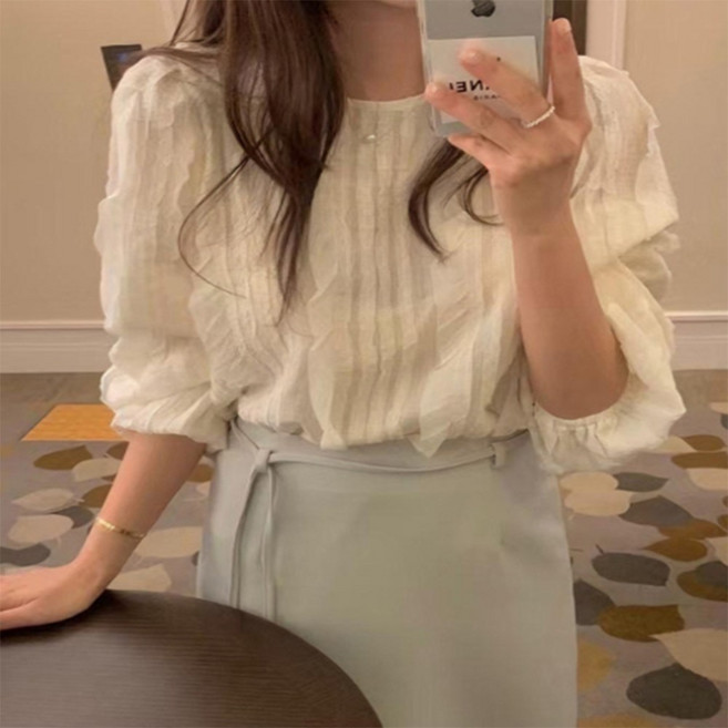 동방 여성 여자 물결 시스루 라운드 블라우스 셔츠 하객룩 파티룩