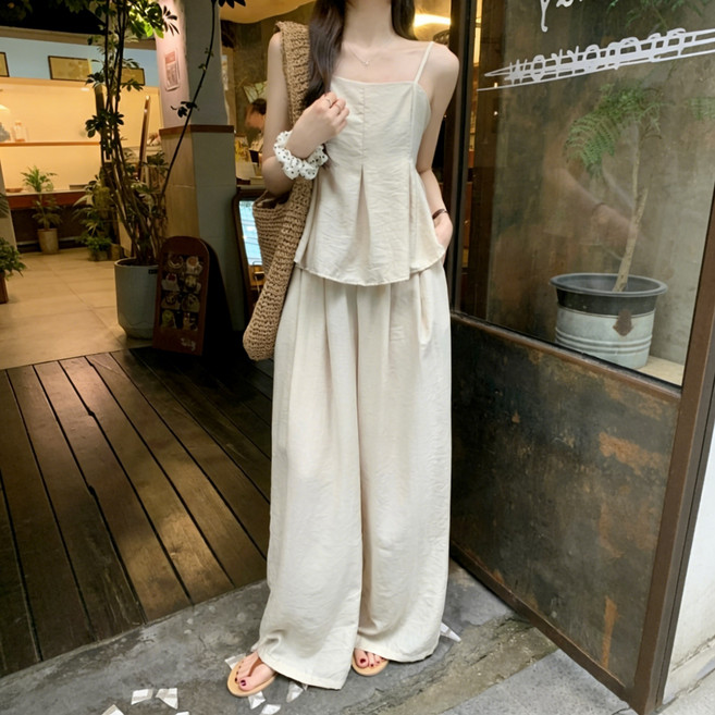 ANYOU 여자 여름 세트 고급스러움 심플 슬림 나시 팬츠투피스