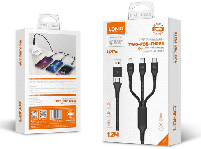 Ldnio LC97uc 二拖三充電線 100W PD 快充 1.2M Type-C 適用蘋果 USB 編織線, 黑色, 1個, 120cm