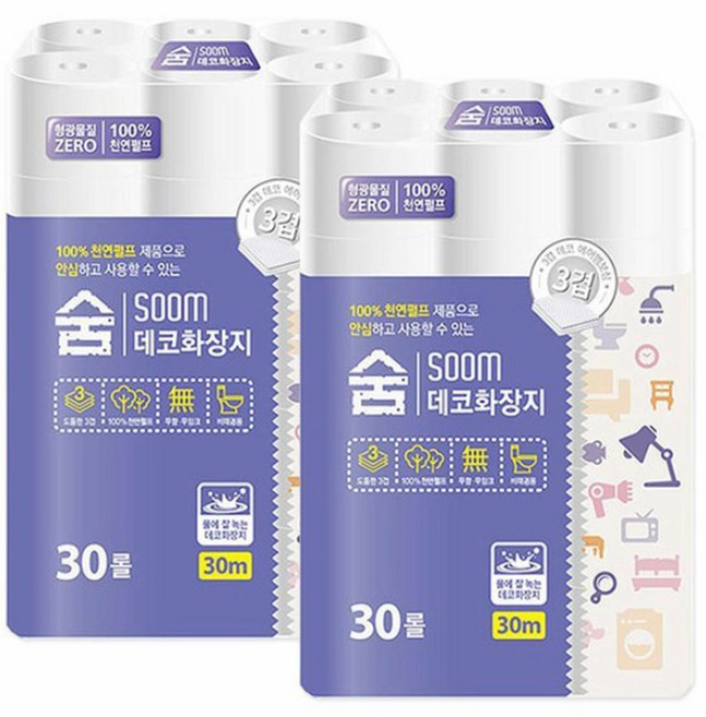 숨 100% 천연펄프 3겹 화장지(30m 30롤 x 2팩) 총 60롤, 30m, 30개입, 2개