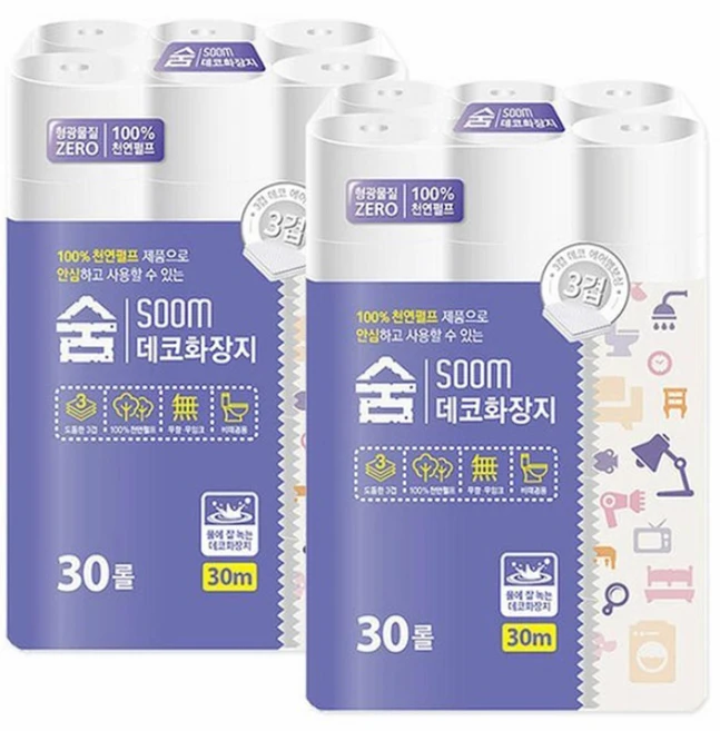 숨 100% 천연펄프 3겹 화장지(30m 30롤 x 2팩) 총 60롤, 30m, 30개입, 2개 - 쿠팡