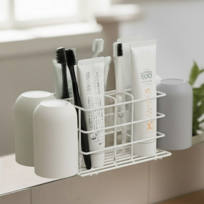 뽀송홈 양치컵이 들어있는 무타공 칫솔꽂이, 화이트