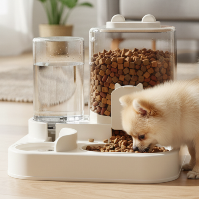 디노꾼 반려동물 안심외출 반자동 급수 급식기, 1개, 화이트
