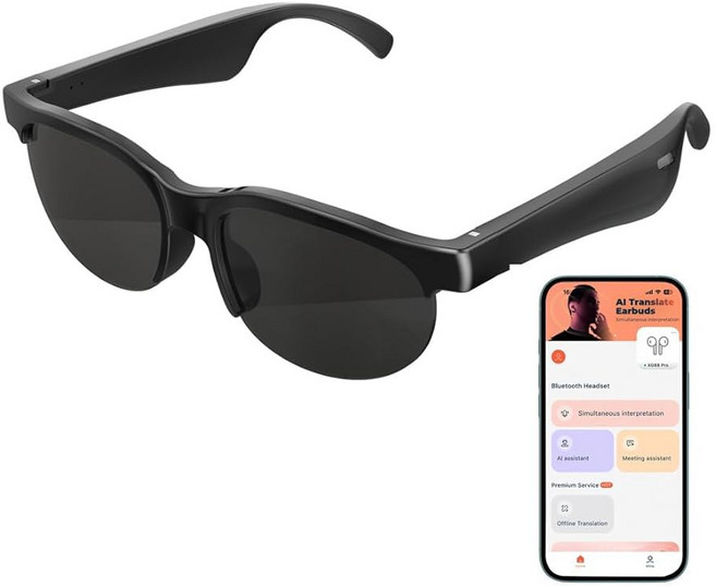 AI 번역기 안경 스마트 GPT로 구동되는 번역기 음악 블루투스 선글라스 여행용 100개 이상의 언어 지원(AI 안경), AI Bluetooth Glasses