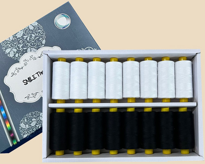 [국내자체생산] 고급 일반재봉사 60수3합 흰색 검정색 16개입 실세트 1000m 재봉실 미싱실 가정용실 공업용실, 1개, 흰색8개+검정8개