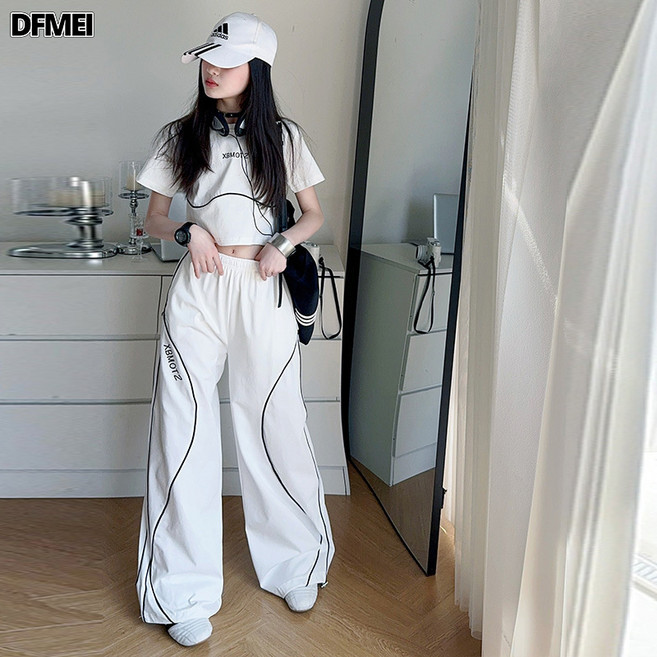 DFMEI 女童運動風卡繩兩件套中大童高腰T恤闊腿褲直筒褲夏長褲