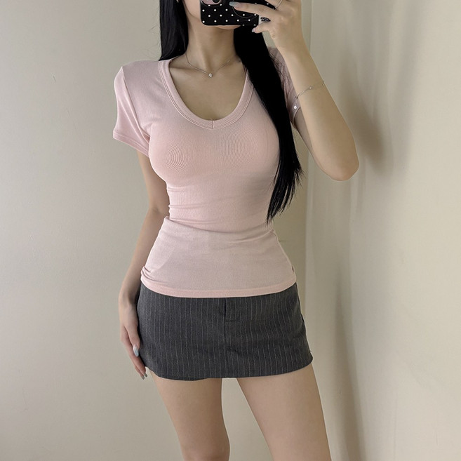 VANANA2 [korea made] 글래머핏 국내제작 여성 슬림 골지 딥브이넥 무지 긴소매 티셔츠