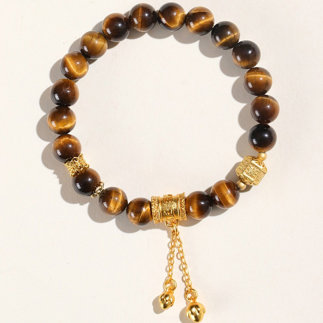 오누이디스플레이 육자진언 호안석 타이거아이 금장식 천연 원석 팔찌