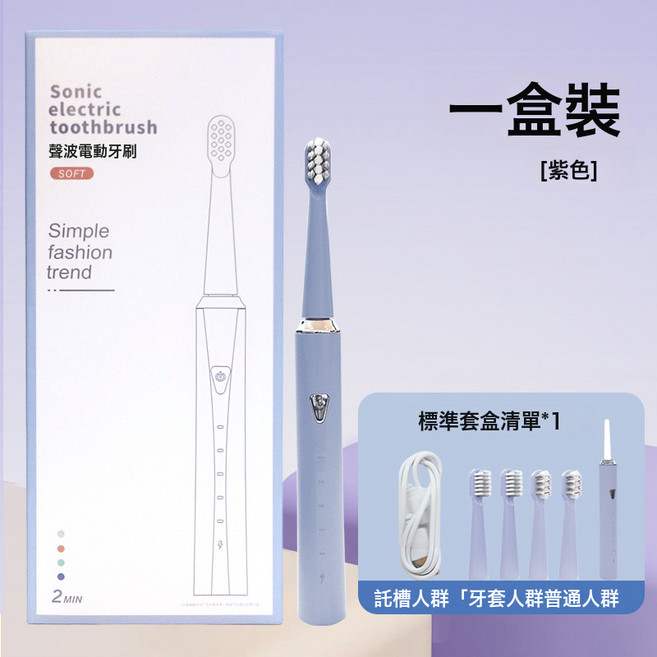 聲波電動牙刷 持久續航 五檔充電 成人適用, 1個, 馬卡色聲波電動牙刷 紫 一個