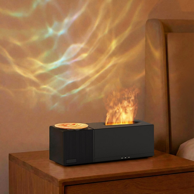 KLIFE 미니 불멍가습기 LED 초음파 무소음 가정용 가습기 무드등 리모컨, 블랙, A10