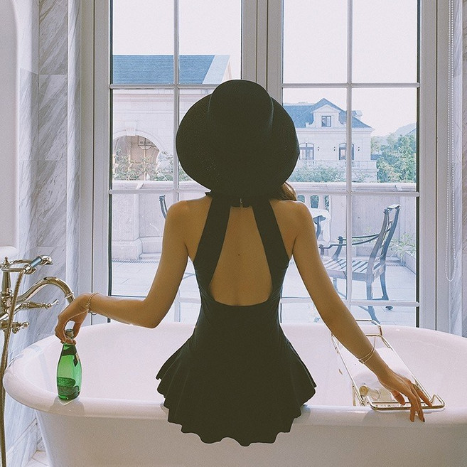 여성 원피스 수영복 슬림핏 등 노출, 블랙(Black), 블랙(Black) - S