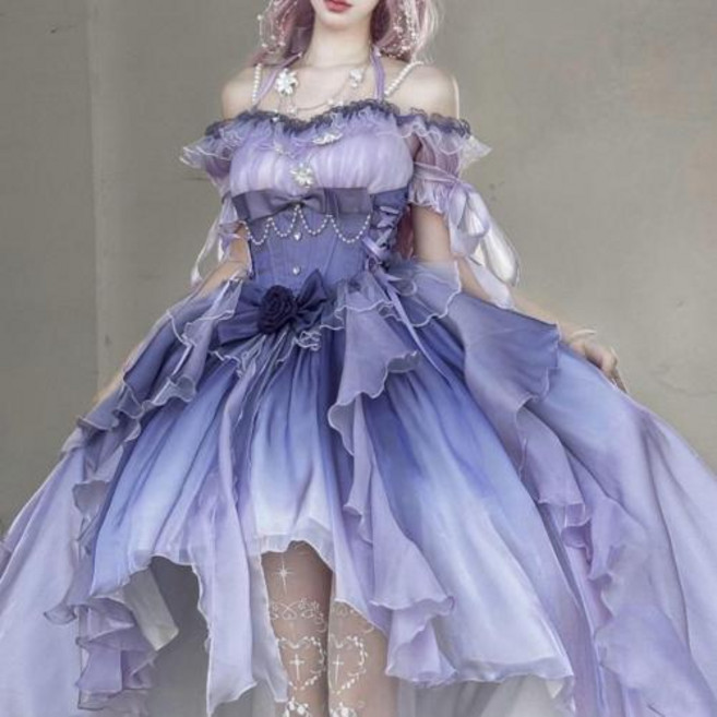 로리타 공주드레스 레이스 프릴 퍼프소매 코스프레 할로윈 촬영의상 Dophee 오리지널 후행 푹신한 드레스 여성 짧은 전면 롱 백 공주 푸른 꽃 웨딩 우아한 오프 어깨