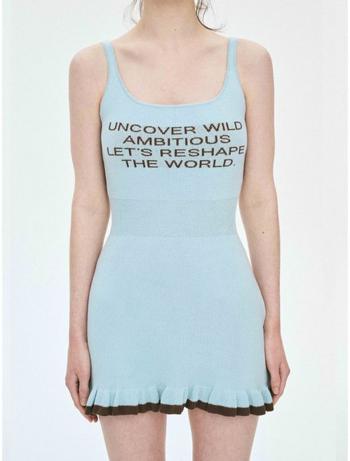 夏季針織彈力撞色字母提花芭蕾舞風連衣裙, 藍色 優質版,S