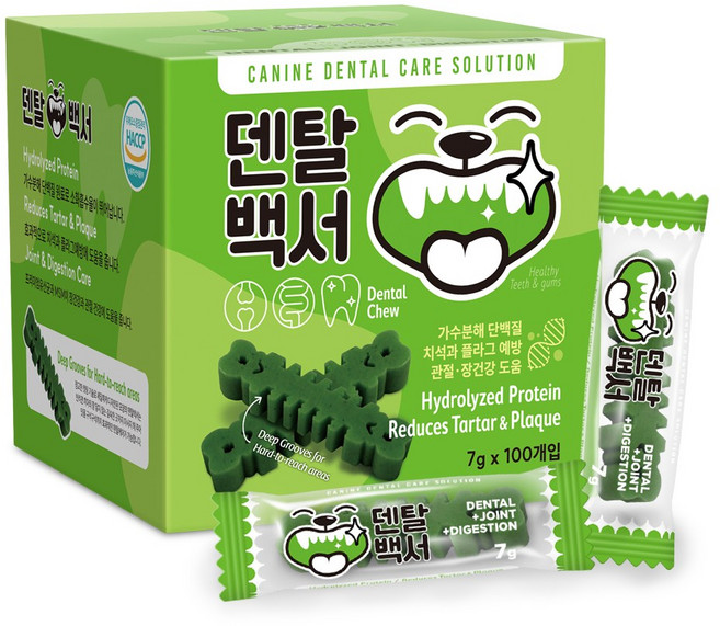 덴탈백서 가수분해 강아지 덴탈 기능성껌, 7g, 100개, 그린(관절+장)[S]