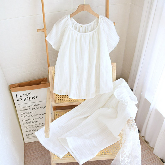 아르앤유 여성 순면 파자마 홈웨어 화이트 상하세트 여름 잠옷