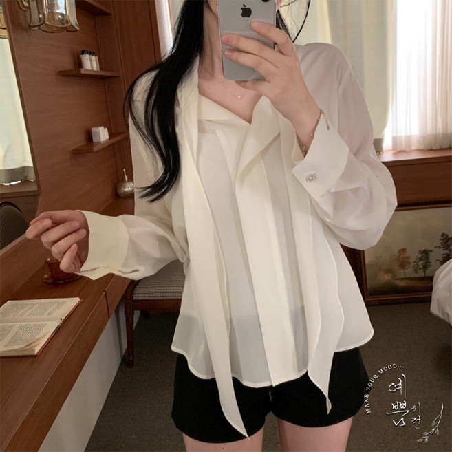 예쁨시전 청순 무드 봄 간절기 하객 정장 쉬폰 리본 타이 긴팔 블라우스