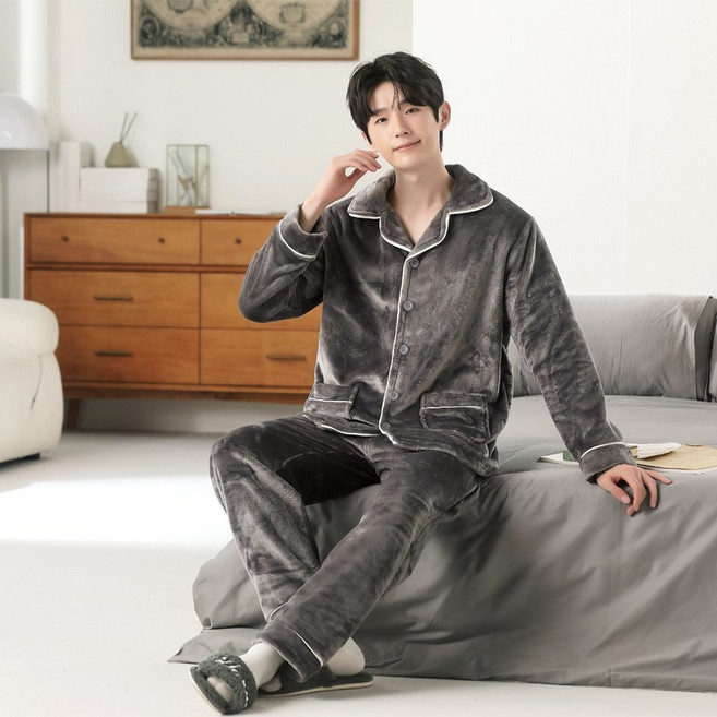 YANGTA 소프트 극세사 카라 수면 잠옷 겨울 남성용 잠옷 상하의 세트