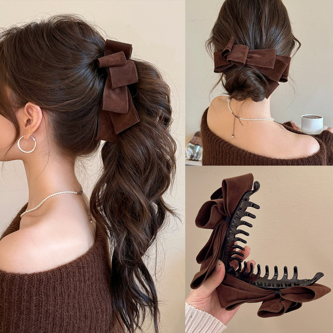 [Morihae]여성용 벨벳 소재 부드러운 촉감 큰 리본 장식 헤어바나나클립 겨울용 귀여운 분위기 포니테일 볼륨 머리용 데이트 일상용 안정 고정 다양한 색상 헤어 액세서리