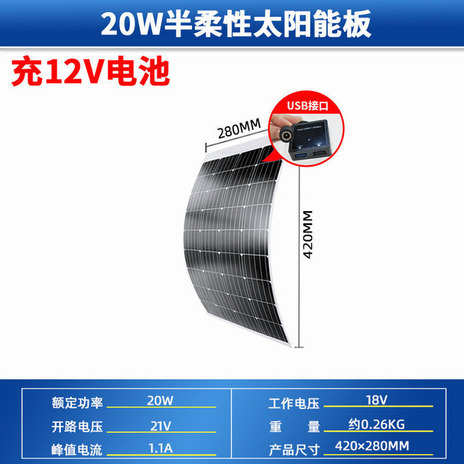 AK 100W 半柔性太陽能板, 柔性板20W（420*280) 【不帶線, 柔性板