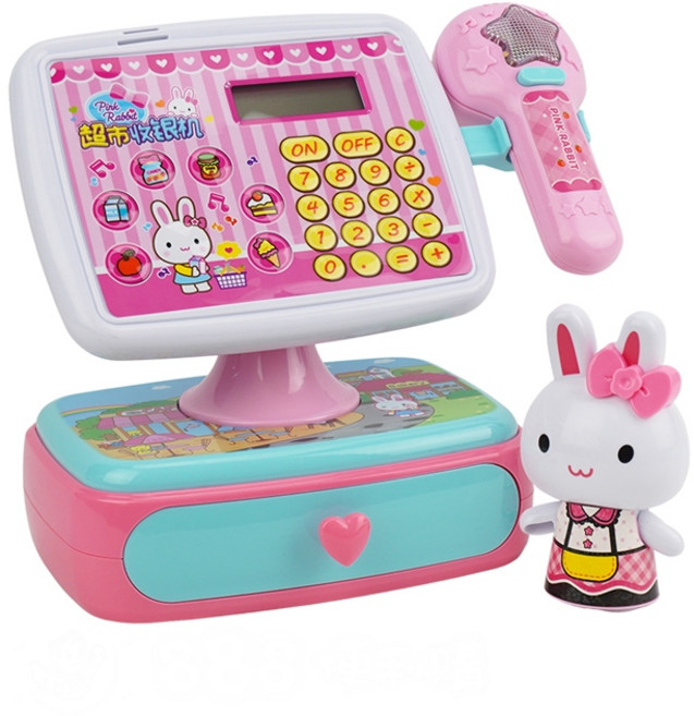 YIYAN 粉紅兔超市收銀機家家酒玩具，具備計算機功能與條碼掃描, 1個