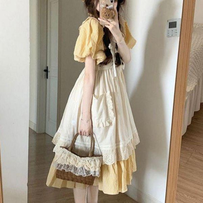 알프스소녀 옷 복고풍 코스튬 경성 의상 공주 빈티지 반팔 옐로우 체크무늬 드레스 (레이스 트라이앵글 스 S