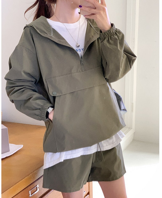 큐니티 여성용 데일리 캐주얼 오버핏 아노락 후드 반바지 상하 세트 트레이닝복 투피스 빅사이즈