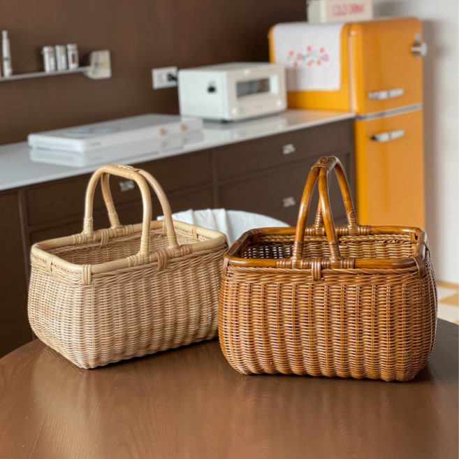 마이제너럴스토어 마론바스켓 대형 손잡이 사각 라틴 피크닉 라탄바구니, 브라운, 1개