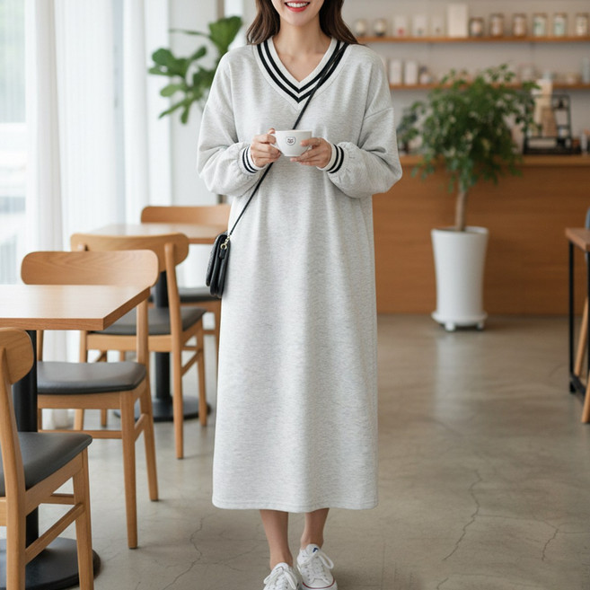 러브포텐 [기모] 빅사이즈 브이넥 롱원피스 55~88사이즈 겨울 홈웨어 브이넥 원피스