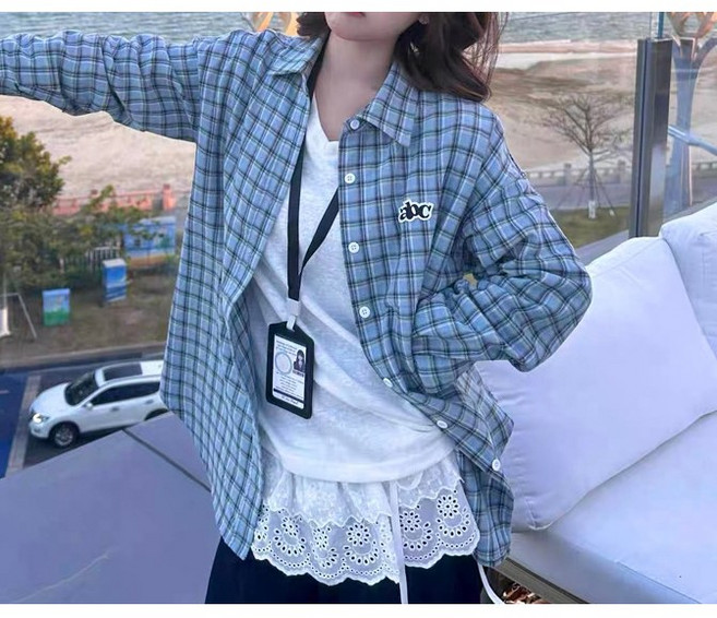 썸머바이브 NQ-456 빈티지 블루 레터링 자수 캐주얼 긴팔 체크 셔츠