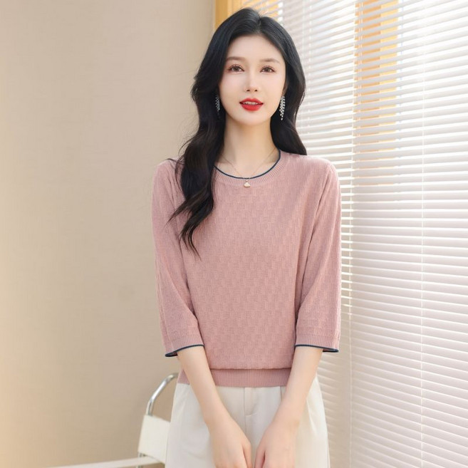 중년 여성 7부 소매 티셔츠 캐주얼 빅사이즈 루즈핏 라운드넥 얇은 니트 티셔츠 데일리 봄 여름 심플 여자 티셔츠 LCC