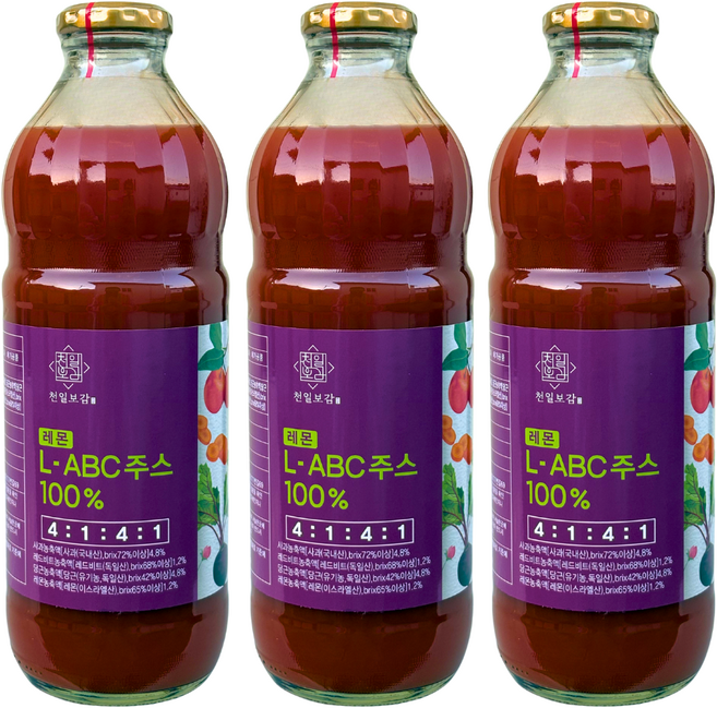 천보바이오 레몬ABC주스 L-ABC주스 3000ml 레몬주스 ABC주스 초 대용량 해독주스 사과 당근 레드비트 레몬, 3개, 1L