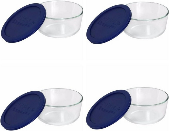Pyrex 7203 7컵 유리 보관 용기 블루 BPA 프리 뚜껑 내구성 및 전자레인지 안전 식사 준비 남은 음식 보관에 완벽 4팩 산